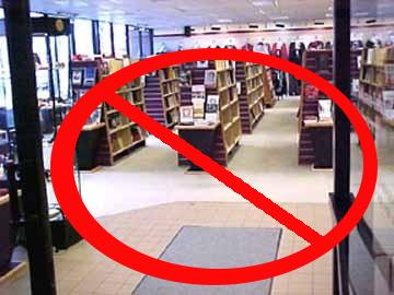The Grinnell College Bookstore with a 'No' sign through it