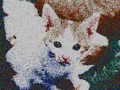 A 400x300 image of a kitten, drawn in small bits of dark red, dark green, dark blue, and light gray.