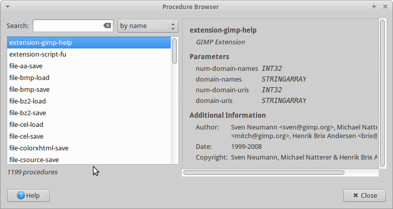 A window showing the procedure browser. At the top left is a search box. Below that is a list of procedure names. To the right of the window is a scrollable pane with documentation for the selected procedure.