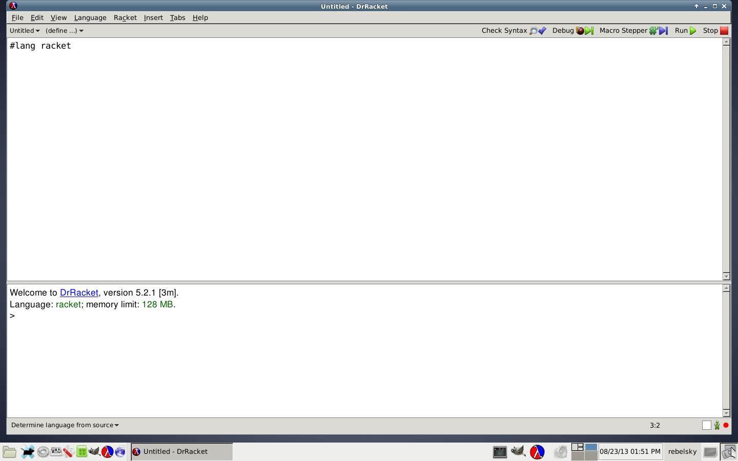 Screenshot of the DrRacket program immedaitely after opening, showing no commands executed and a "#lang racket" directive in the definitions pane.
