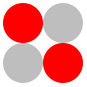 A two-by-two grid of circles.  The top-left and bottom-right circles are red.  The top-right and bottom-left circles are gray.