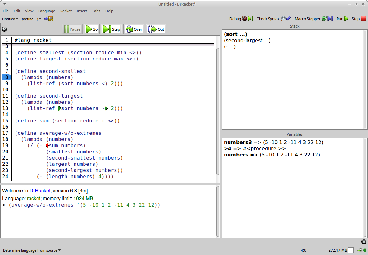 The DrRacket debugger.  The traditional definitions and interactions pane in the DrRacket user interface have been supplemented by a small pane on the upper right labeled "Stack" and a small pane on the lower right labeled "Variables".  Five new buttons appear over the definitions pane.  They are labeled "Pause", "Go", "Step", "Over", and "Out".  The "Pause" and "Over" buttons are currently greyed out.  The definitions pane includes a definition of `average-w/o-extremes` and several helper procedures.  A green triangle and green circle highlight an expression within `average-w/o-extremes`.  A red circle appears at the beginning of one of the expressions within `average-w/o-extremes`.  Further aspects of this diagram are described in the subsequent paragraphs.