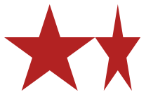Two dark red solid stars, side by side.  The first is uniform in size, the second is squashed horizontally by half.