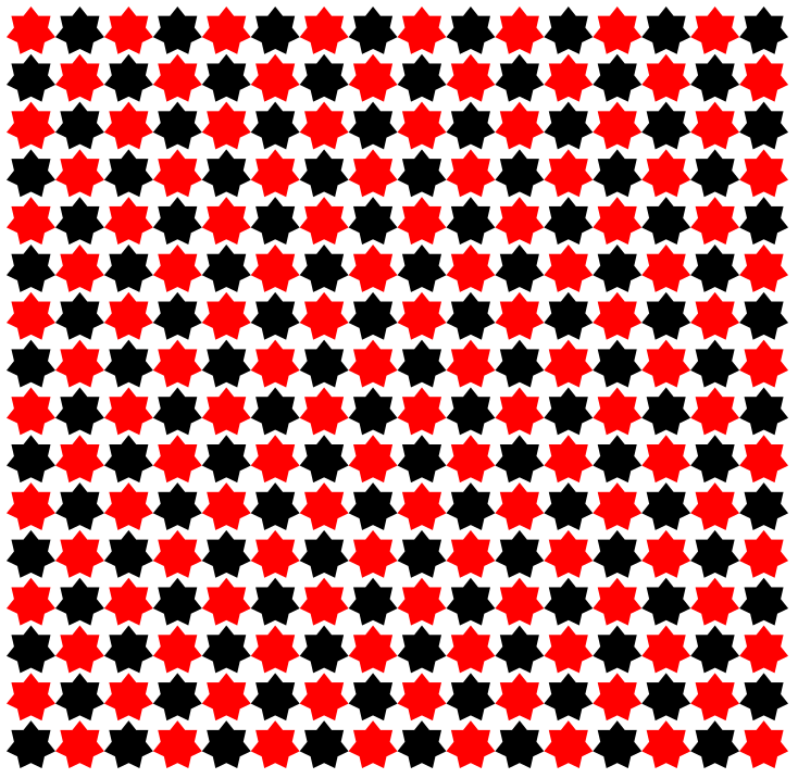 A sixteen-by-sixteen grid of seven-pointed stars.  The first row starts with a red star and alternates red and black stars.  The second row starts with a black star and alternates black and red stars.  The remaining rows alternate in the same pattern.