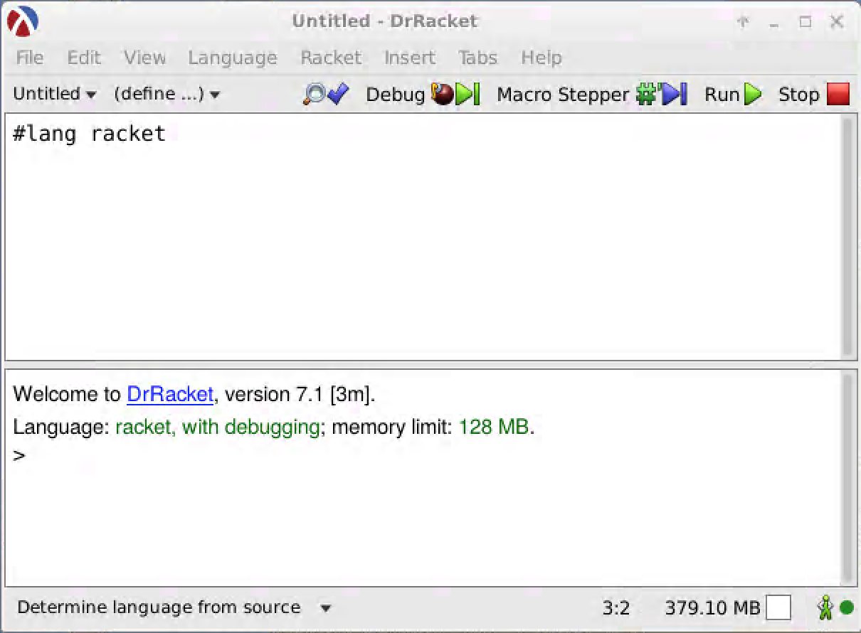 A DrRacket window.
  There is a lambda in a circle at the top-left corner of the screen.
  The window is titled "Untitled - DrRacket".
  The top pane says "#lang racket".
  The bottom pane begins "Welcome to DrRacket, version 7.1 [3m]."
  Below the bottom pane, it says "Determine language from source.