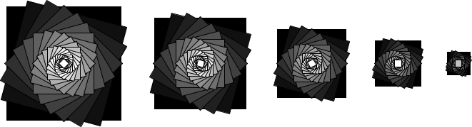 A sequence of images of groups of squares.  In each, there is a spiral of many squares, with each subsequent square rotated by 15 degrees clockwise and slightly brighter.  The first group is the largest, and we see the most spiraling.  The second is a bit smaller, and we see less spiraling.  The third is a bit smaller than that, and we see even less spiraling.  And so on.