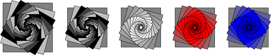 A sequence of images of groups of squares.  In the first, there is a spiral of many squares, with each subsequent square rotated by 15 degrees clockwise and slightly smaller.  In the first and second groups, we weem to rotate betwen medium gray, light gray, black, and darker gray.  The third group is much like the second, although the squares get lighter rather than cycoing between colors.  In the fourth, each square is a bit redder.  And in the fifth, each is a bit bluer.