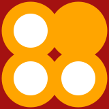 A two-by-two grid of overlapping orange circles on a brick red background. All but the upper-right-circle are hollow