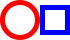 a center-aligned sequence of images (an outlined red circle with diameter 30 beside an outlined blue square with side length 20 and line-width 5)