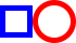 a center-aligned sequence of images (an outlined blue square with side length 20 and line-width 5 beside an outlined red circle with diameter 30)