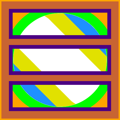 a rotated three-bars orange piece over our new piece over the yellow on blue rectangle