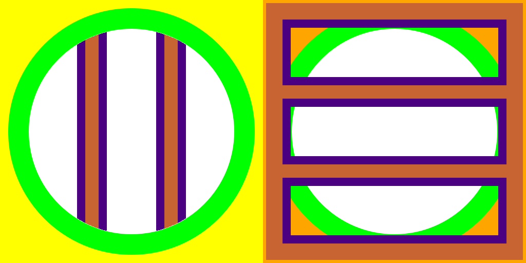 two orange and purple vertical bars viewed through a green portal on a yellow background beside three hollow rectangles over a green-on-orange circle