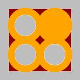 a two-by-two grid of overlapping orange circles on a dark red square on a larger grey square; all but the upper-right circle have a grey center with a bit of white at the edges; the circles extend slightly beyond the red square