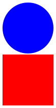 A red circle over a blue square with a small white space between the two.