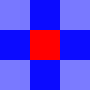 a 3x3 grid of squares. The corners are light blue. The sides are darker blue. The center is pure red.