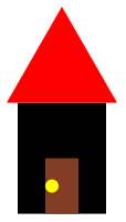 A simple picture of a house.  The house is black with a red triangular roof, a brown door in the center, and a yellow doorknob.