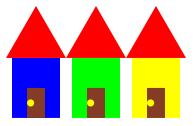 Three houses, side by side.  The first is blue.  The second is green.  The third is yellow.