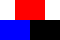 Three rectangles in a pyramid.  The top rectangle is red.  The lower-left one is blue.  The lower-right one is black.  The red rectangle is centered over the other two rectangles.