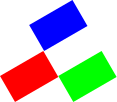 a center-aligned stack of images (a solid blue 50-by-30 rectangle, rotated by 30 degrees above a center-aligned sequence of images (a solid red 50-by-30 rectangle, rotated by 30 degrees beside a solid green 50-by-30 rectangle, rotated by 30 degrees))