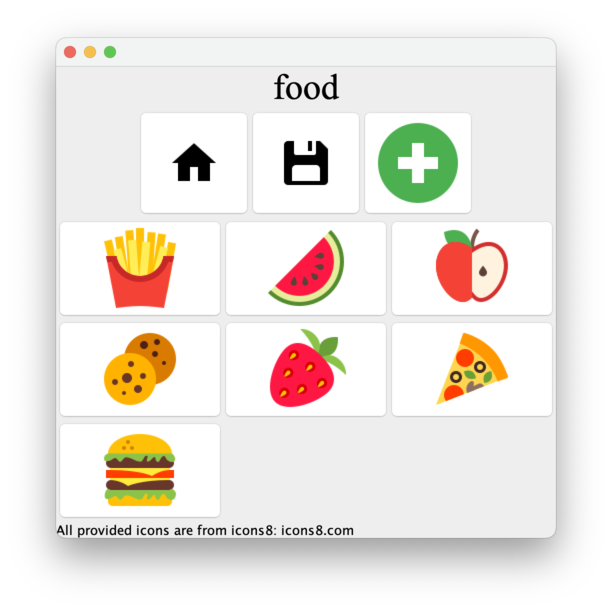 A screen that says "food", has a row of Home, Save, and Add icons, then about seven food icons