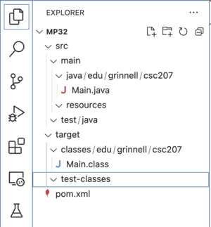 A file list. At the top is MP32. Below MP32 in the hierarchy are src (a folder), target (a folder), and pom.xml (a file). Below src are main (a folder) and test/java (a folder). resources (a folder). ...