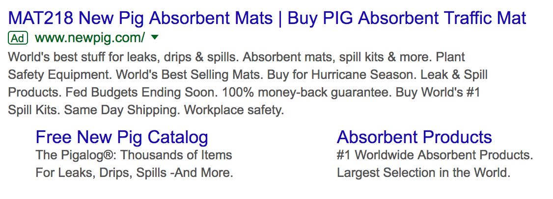 A Google advertisement that begins 'MAT218 New Pig Absorbent Mats | Buy PIG Absorbent Traffic Mat'
