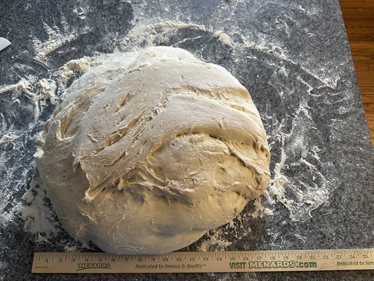 A large mound of dough, measuring about 18 inches in diameter, which you can tell because there's a yardstick in front of the mound
