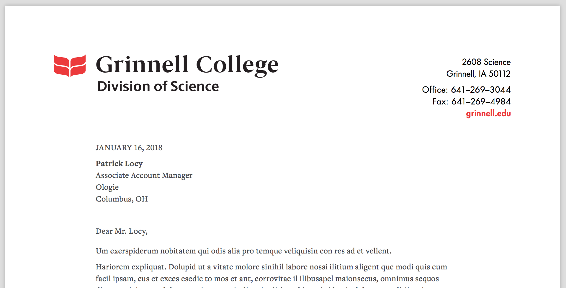 The start of a letter that illustrates the Grinnell letterhead.