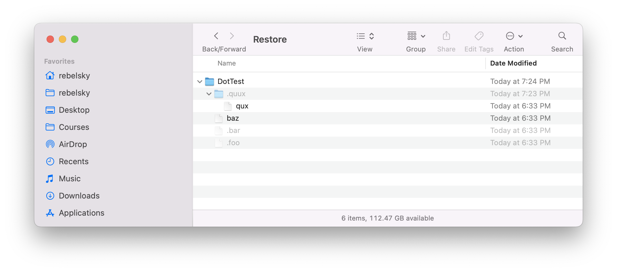 A screenshot from the Finder for the folder `Restore`.  It contains the folder `DotTest`.  That folder contains a folder called `.quux` and files called `baz`, `.bar`, and `.foo`.  The `.quux` folder contains a file called `qux`.  Any file with a dot in front of it shows in a lighter grey color.