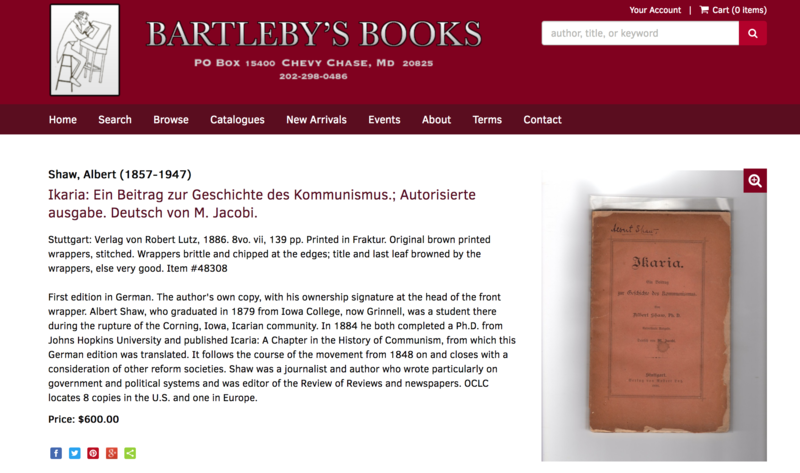 An advertisement for a book entitled 'Ikaria: Ein Beitrag zur Geschichte des Kommunismus.; Autorisierte ausgabe. Deutsch von M. Jacobi'.  The bookseller is Bartleby's Books of Chevy Chase, Maryland.  The left of the page has a description of the book (transcribed later in this page); the right has an image of the book.  The price is $600.