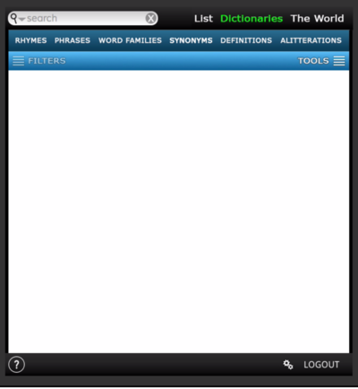 A screenshot of a computer application.  The menus are labeled "RHYMES", "PHRASES", "WORD FAMILIES", "SYNONYMS", "DEFINITIONS", and "ALITTERATIONS".  The last word is misspelled.