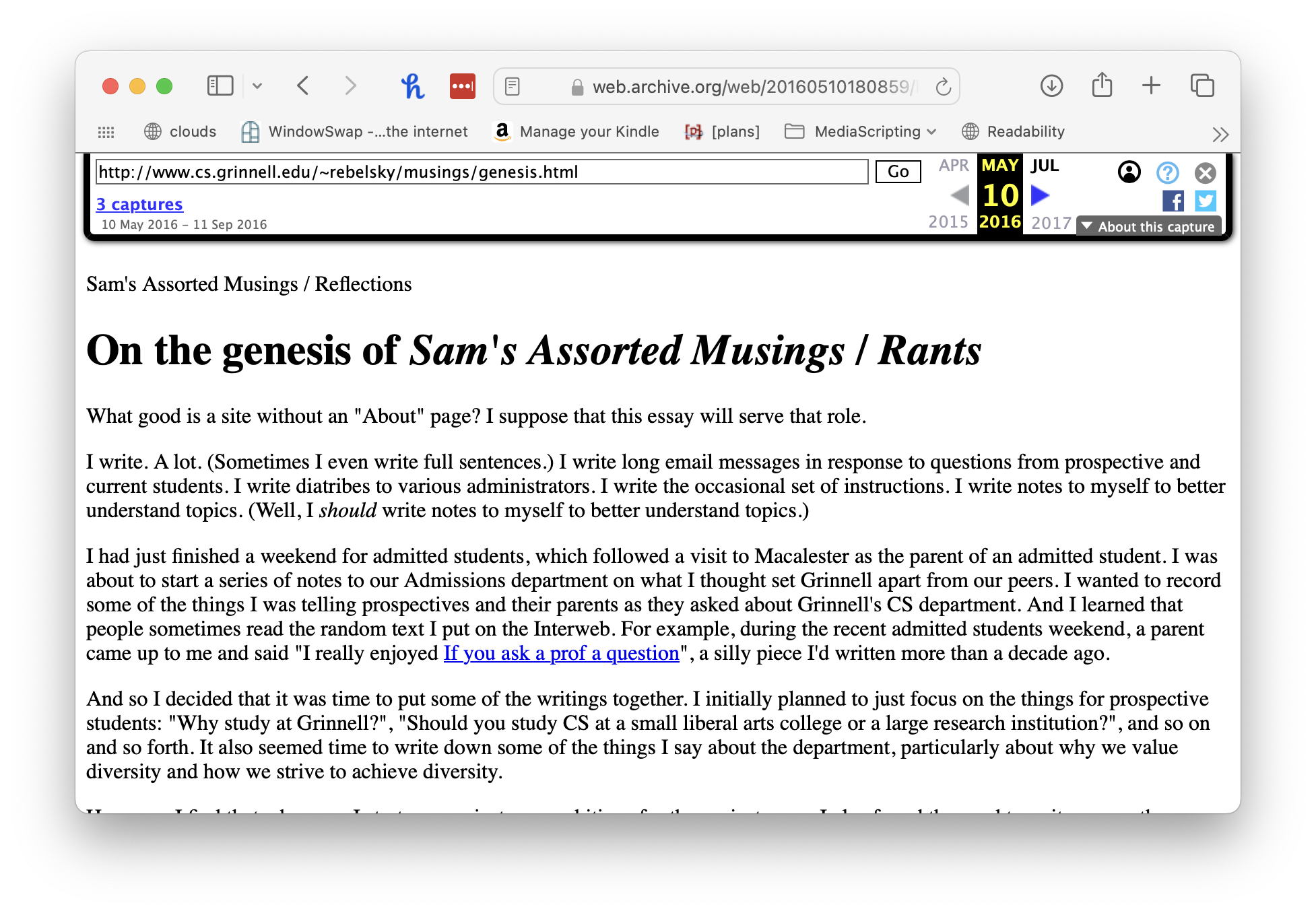 A page from archive.org, dated May 10, 2016, that captures http://www.cs.grinnell.edu/~rebelsky/musings/genesis.html. That page is titled On the genesis of Sam's Assorted Musings / Rants.