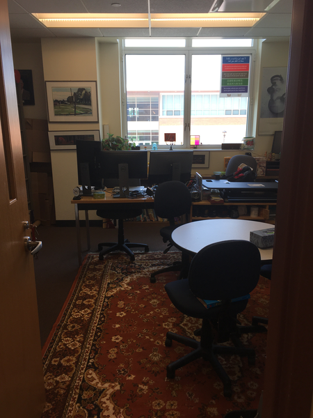Another view of the same office.  An oriental carpet is on the floor.  Two desks are in the distance.  Various items are on the window sill.