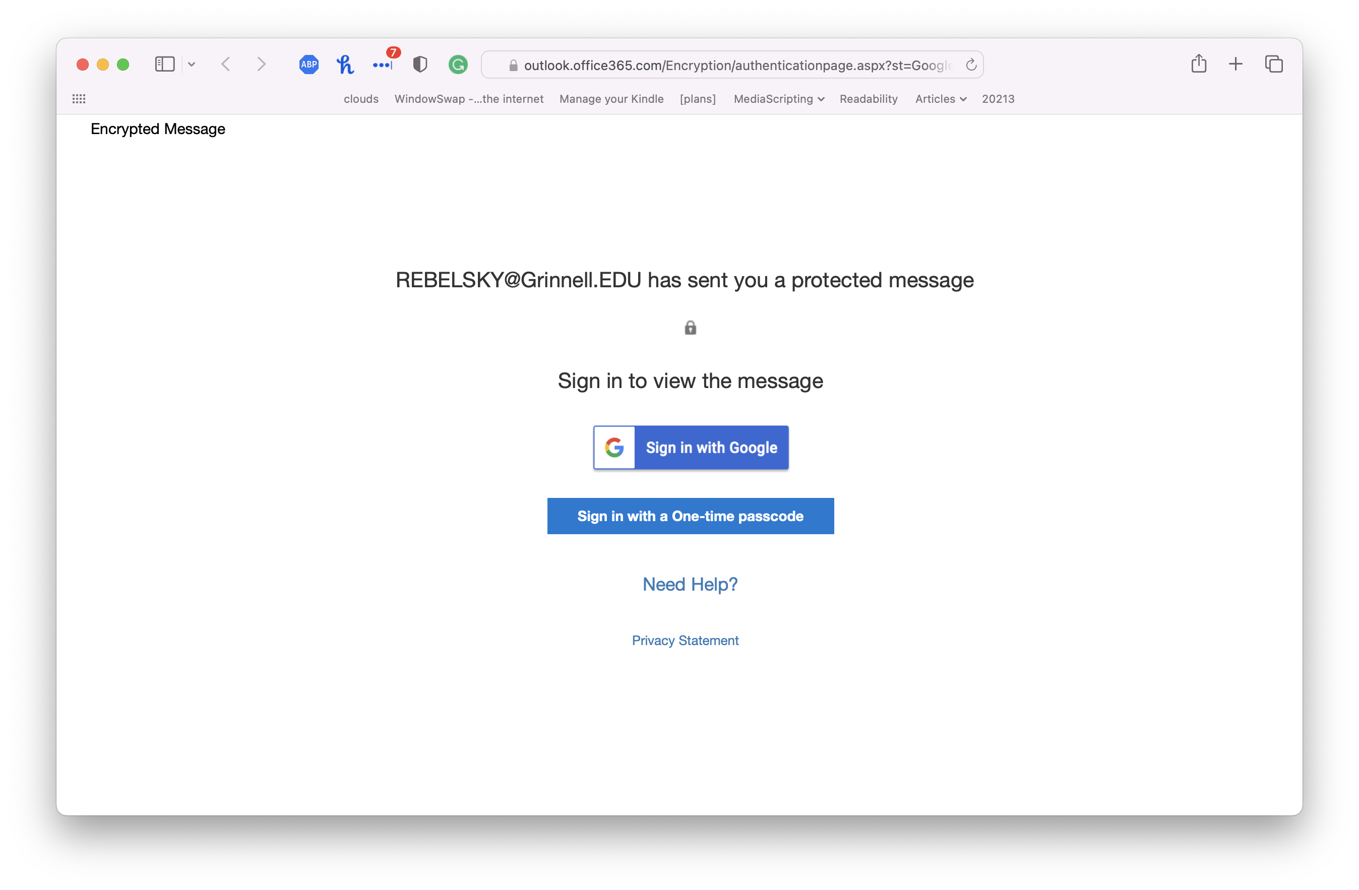 A screenshot from a Web browser.  'REBELSKY@Grinnell.EDU has sent you a protected message.  Sign in to view the message'  There are buttons for 'Sign in with Google' and 'Sign in with a One-time passcode'