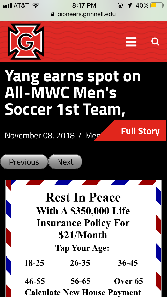 A screenshot from an iPhone on the pioneers.grinnell.edu site.  It includes the Honor-G logo, the text 'Yang earns spot on All-MWC Men's Soccer 1st Team', and an ad for insurance that begins 'Rest in Peace'