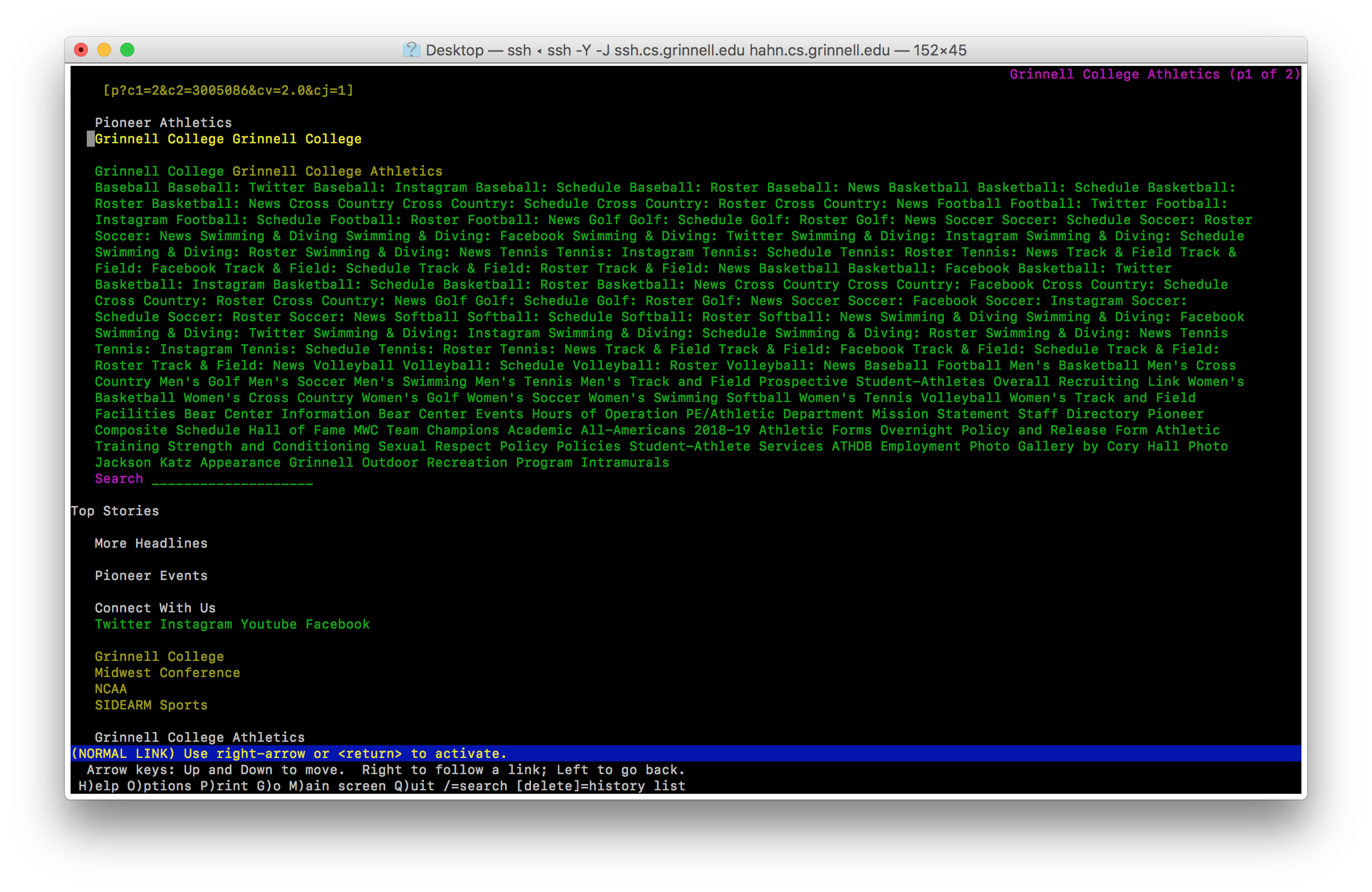 A screenshot of the lynx browser.  The top of the page reads 'Pioneer Athletics.  Grinnell College Grinnell College.'  That is then followed by approximately eight different links with no separation between them.