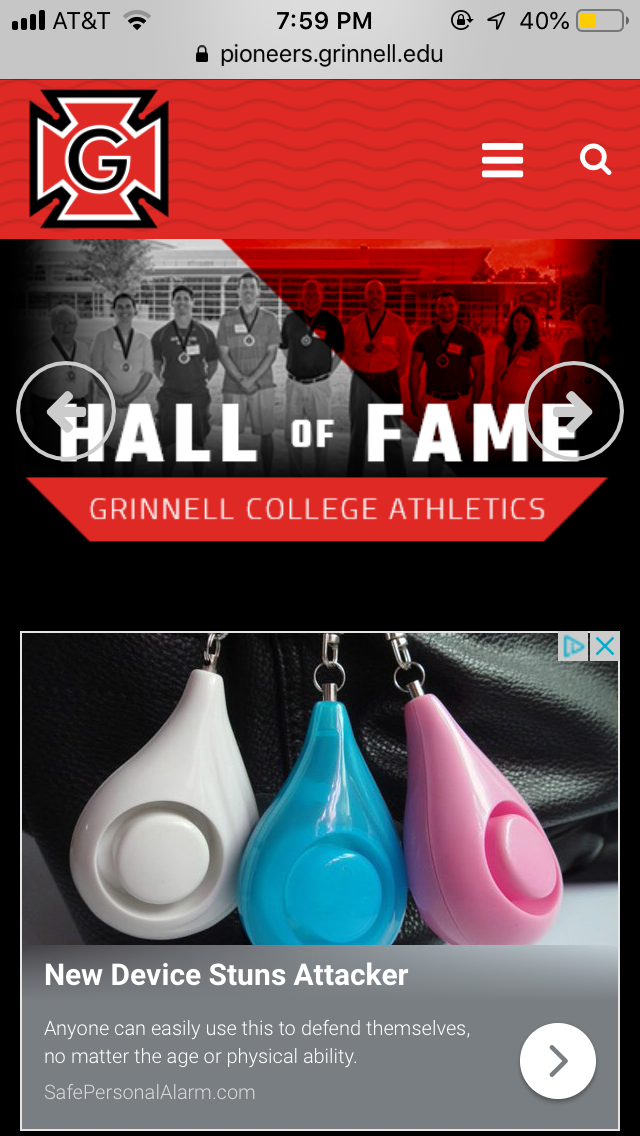 A screenshot from an iPhone on the pioneers.grinnell.edu site.  It includes the Honor-G logo, the text 'Hall of Fame Grinnell College Athletics', and an ad that reads 'New Device Stuns Attacker'
