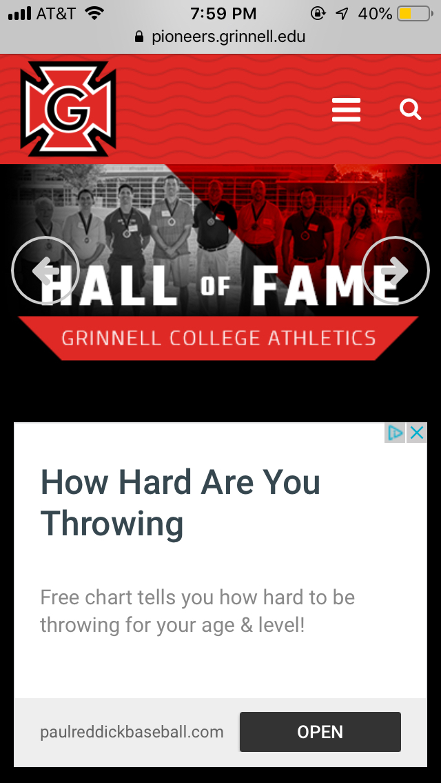A screenshot from an iPhone on the pioneers.grinnell.edu site.  It includes the Honor-G logo, the text 'Hall of Fame Grinnell College Athletics', and an ad that reads 'How Hard Are You Throwing'