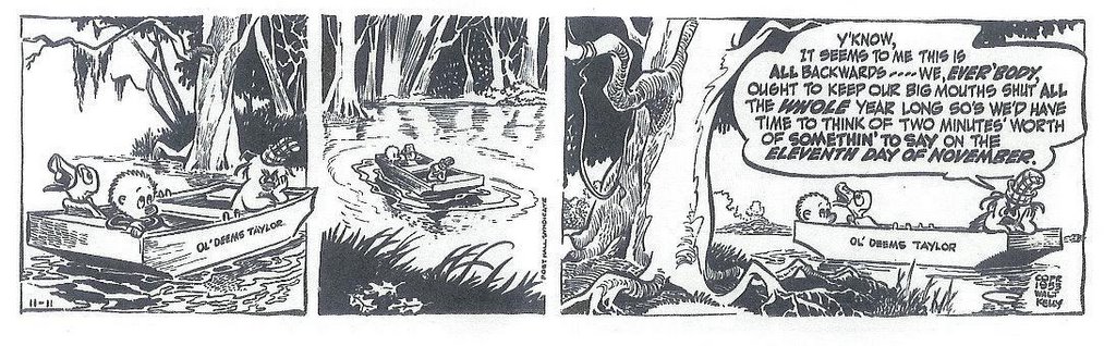 The Pogo comic strip from November 11, 1953.  That strip is described more below.