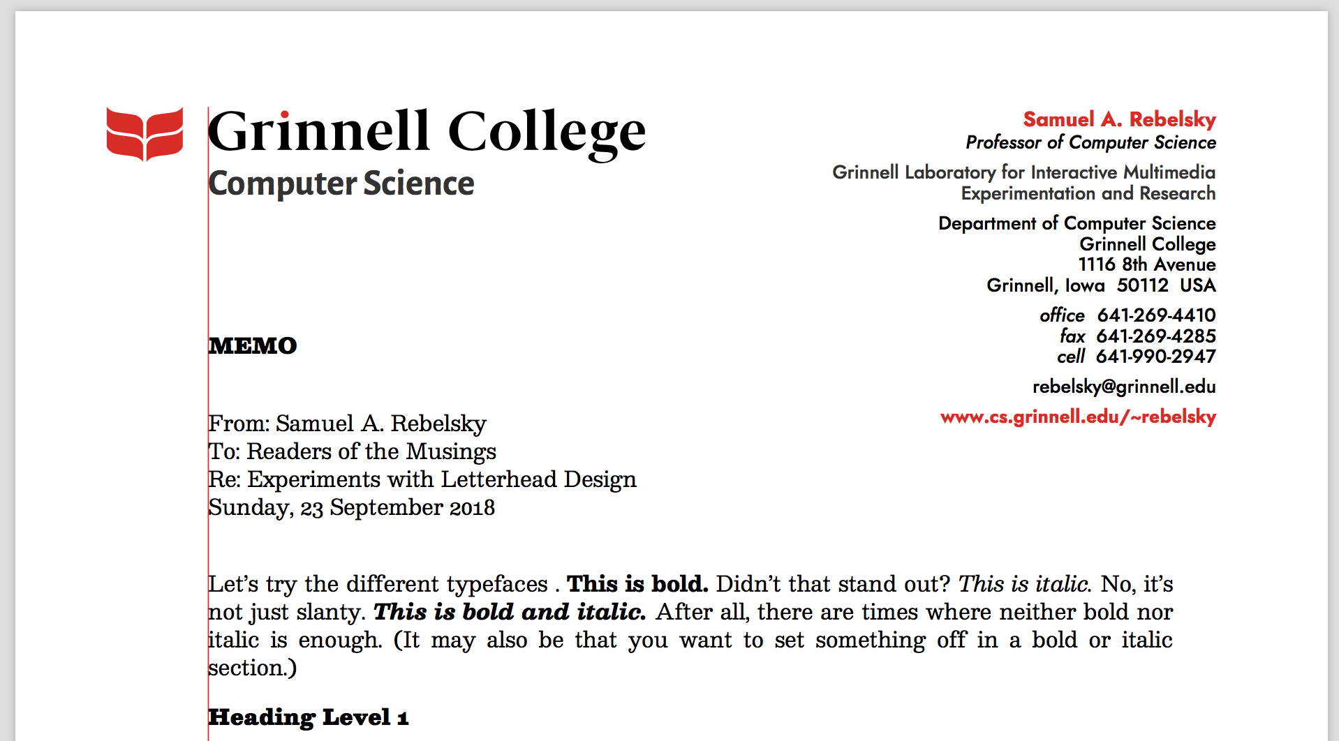The start of a memo.  It includes a laurel leaf at the top left and a vertical red line that shows the alignment of various parts.