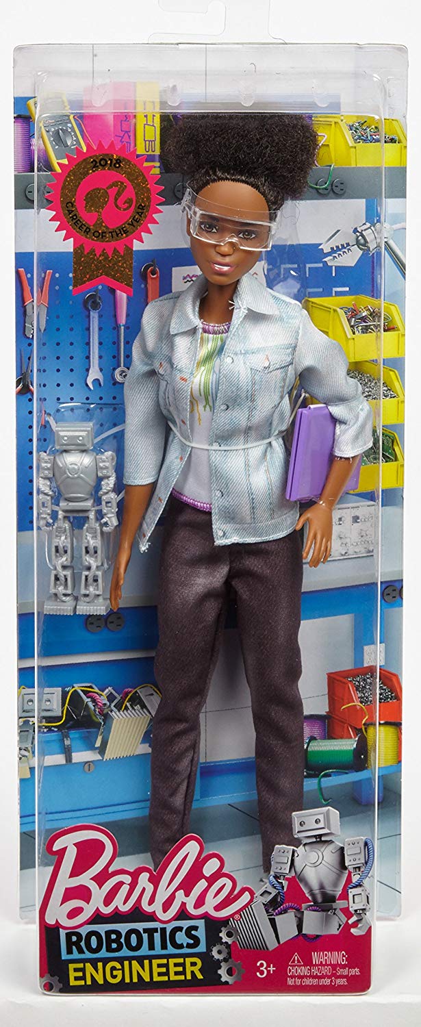 Robotics Engineer Barbie, with a dark brown afro.