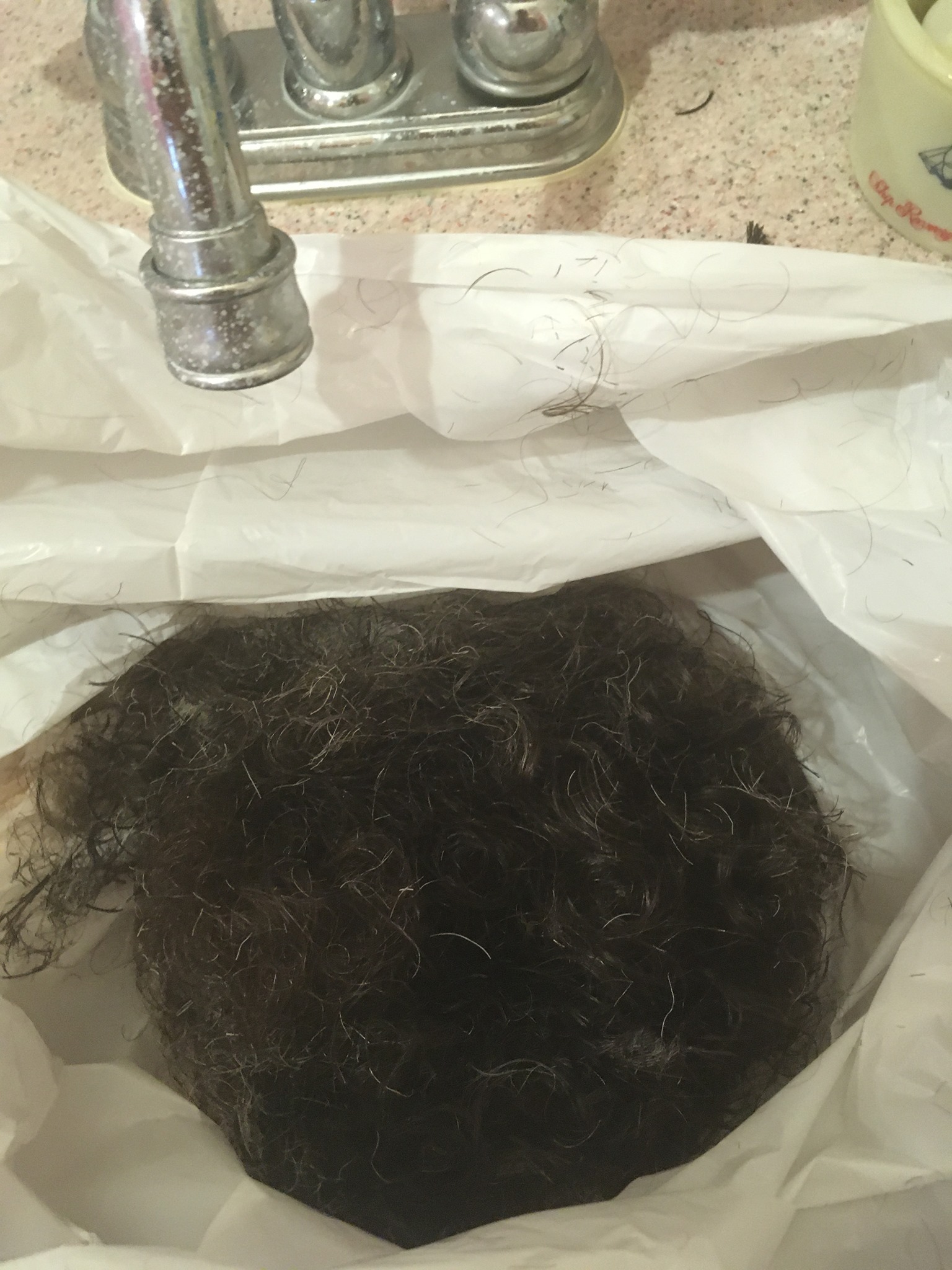 A bag of mostly black, curly hair, with some grey scattered throughout.  The bag is sitting in a kitchen sink.  There appears to be enough hair to make a whole head.