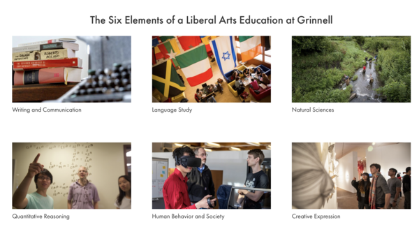 A screen shot of another part of a Web page. There are six photos, each above a label. Over 'Writing and Communication', we see a stack of books with an out-of-focus typewriter in the foreground. Over 'Language Study', we see some flags of the world, with the Israeli flag featuring prominently. Over 'Natural Sciences', we see a bunch of people netting something in a river. Over 'Quantiative Reasoning', we see three people working on a series of equations. Over 'Human Behavior and Society', we see someone using a VR headset while two people talk in the background. Over 'Creative Expression', we see people at an art gallery.