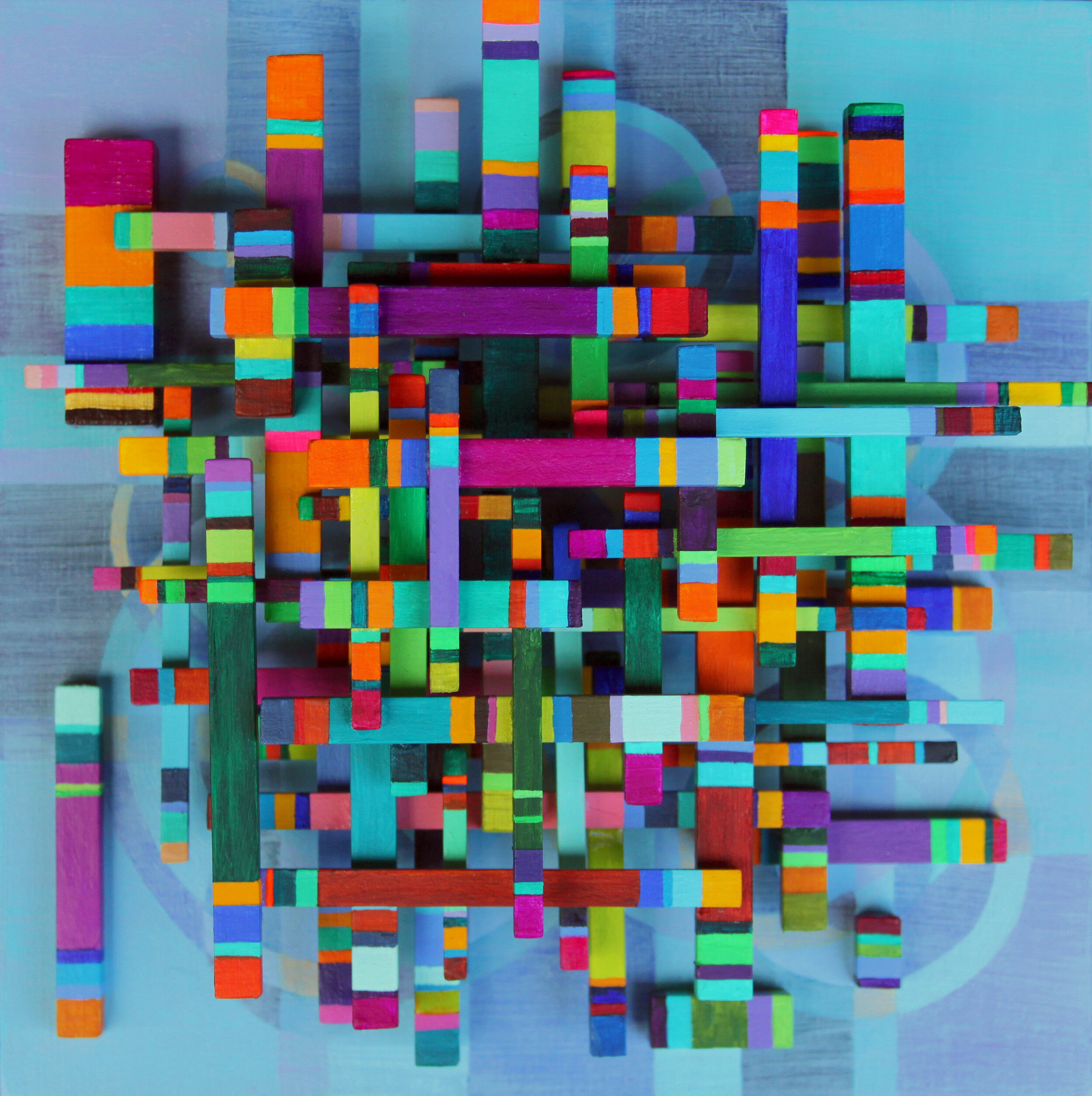 About 100 small rectangular sticks of varying sizes, each painted in multiple colored stripes, arranged horizontally and vertically.