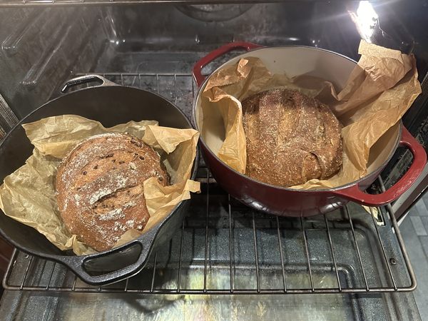 Two round loaves of wheat bread in Dutch ovens.