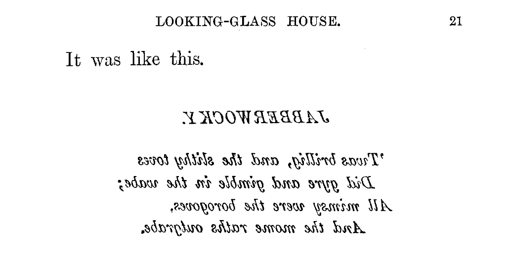The first lines of Jabberwocky, written in a mirror image