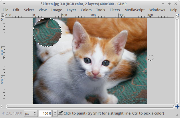 A GIMP window with a 400x300 image of a kitten. A circular region
in the upper-left-hand corner is selected and appears to contain
the green carpet that was previously copied.