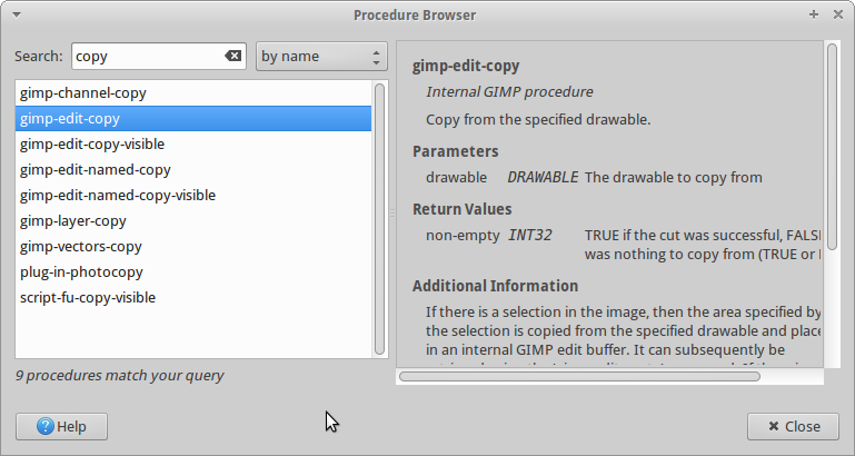A window showing the procedure browser. The search bar includes
the word "copy". Nine procedure names are listed. The procedure
`gimp-edit-copy` is highlighted.