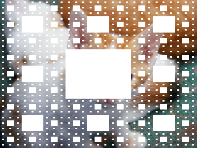 A picture of a kitten with lots of white rectangular squares removed in a regular pattern