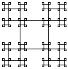 A 100-by-100 square.  At each corner, there is a 40-by-40 square.  At each corner of the 40-by-40 squares, there is a 16-by-16 square.  At each corner of the 16-by-16 squares, there is a 6.4-by-6.4 square.